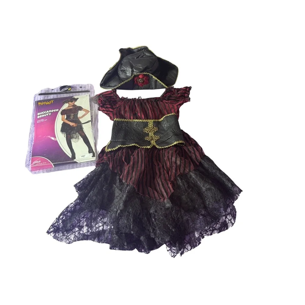 Spirit Halloween Buccaneer Beauty Pirate Costume Kids Medium 8-10 Dress Hat Belt